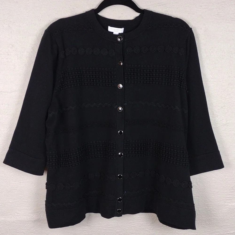 Charter Club Woman Black Crochet Textured Short Sleeve Button Up Cardigan Top - Picture 14 of 14